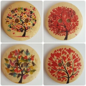 LUXURY WOODEN TREE BUTTONS - LARGE 30mm, ROUND, HEART, FLOWER, BUTTERFLY, UK - Picture 1 of 6