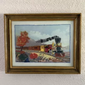 Vtg Framed Crewel Embroidery American Express Train on the Hudson River Railroad - Picture 1 of 10