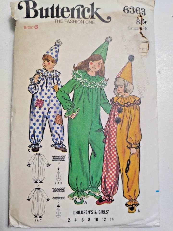 Clown Jumpsuit Hat Suit Kids Childs 6 Butterick 6363 Costume Sewing Pattern VTG - Image 1 of 4