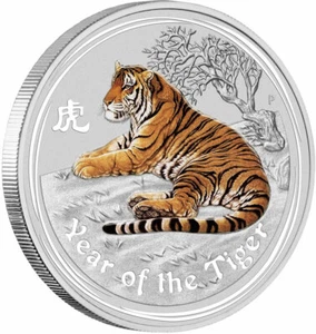 2010 Year of the TIGER Perth Mint LUNAR II series 1 oz silver coin COLOURED - Bild 1 von 2