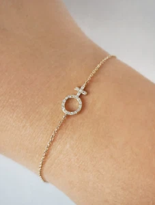 Solid 14K Yellow Gold With Colorless Moissanites Female Symbol Chain Bracelets - Picture 1 of 6