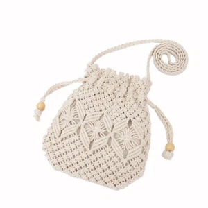 Lady Girl Hollow Out Woven Crossbody Bag Cotton Blend Bucket Bag Drawstring Bag - Picture 1 of 14
