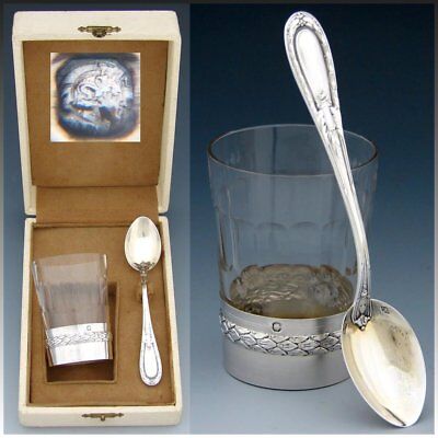 Antique French Sterling Silver & Cut Glass Aperitif Cup & Spoon Set, Orig Box • 266.25$