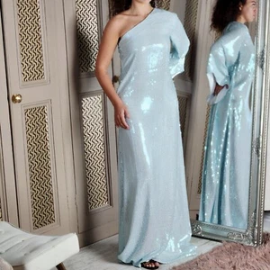 Halpern Runway Maxikleid Kleid blau Pailletten asymmetrisch WAS £1120 FR 34 UK 6 - Bild 1 von 20