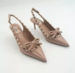 Valentino Rockstuds Bow 60mm Patent Leather Slingback Pumps 7 US 37 EU $1150 - Picture 1 of 4
