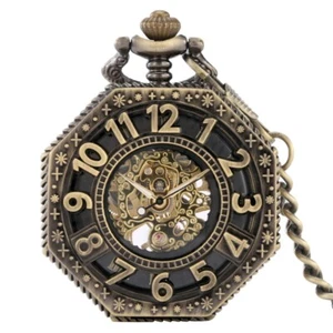 Vintage Style Skeleton Manual Mechanical Pocket Watches Octagonal Digital Hollow - Picture 1 of 11