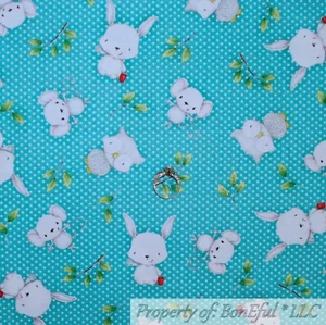 BonEful FABRIC FQ Cotton Quilt Aqua Blue White Animal Bunny Rabbit Owl Koala Dot - Picture 1 of 13