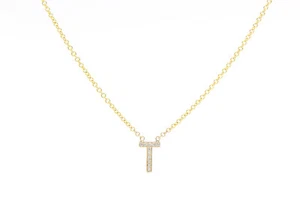 Collar colgante de oro amarillo de 14k y micro pavé de diamantes con letra en T - Imagen 1 de 9