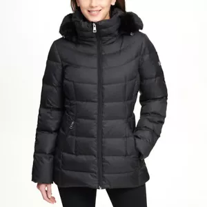 Andrew Marc Womens Quilted Coat Jacket Black Faux Fur Hood Small 8-10 - Picture 1 of 8
