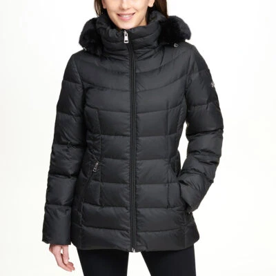 Andrew Marc Womens Quilted Coat Jacket Black Faux Fur Hood Small 8-10 - Image 1 of 4