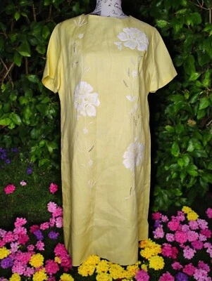 Vtg Bergdorf Goodman House of Branell Yellow Shift Dress Sz 16 Flower Embroidery - Image 1 of 4