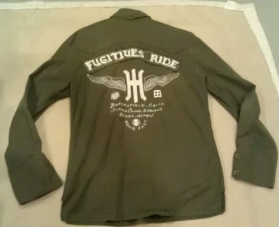 RARE Howe Fugitives Ride Motorcycle Grunge Long Sleeve Shirt Mens M Green - Image 1 of 4