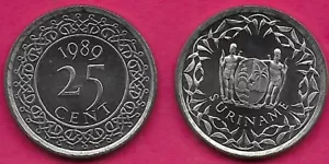 SURINAME (DUTCH GUIANA) 25 CENTS 1989 UNC ARMS WITH SUPPORTERS WITHIN WREATH,VA - Picture 1 of 1