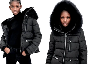 NEW ZARA SHORT JACKET BLACK QUILTED PUFFER WINTER COAT FAUX FUR HOOD SIZE XL - Picture 1 of 16