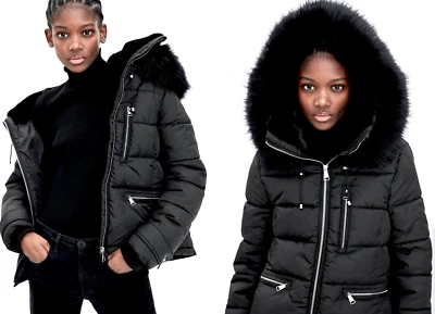 NEW ZARA SHORT JACKET BLACK QUILTED PUFFER WINTER COAT FAUX FUR HOOD SIZE L - Image 1 of 4