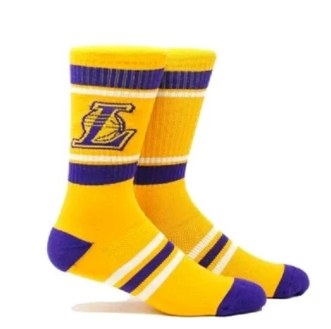 Los Angeles LA Lakers NBA Large Men Socks Fits 6-12 PKWY Stripe Crew Basketball Cover