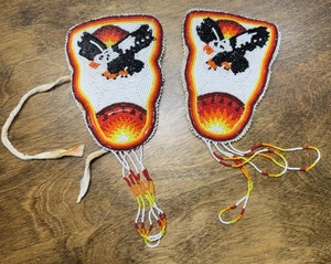 VINTAGE NATIVE AMERICAN BEADED EAGLE Leather Back ties Red Orange White Black - Picture 1 of 10