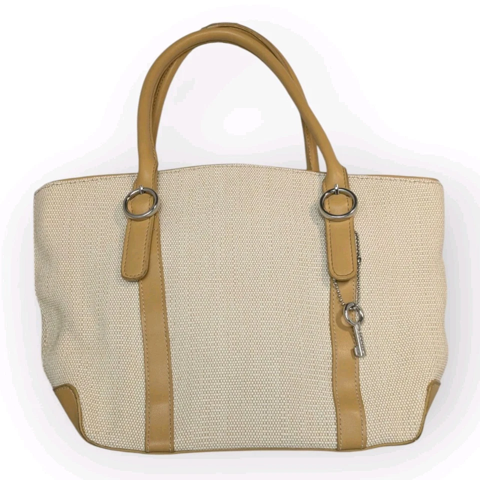 Bolso de Mano Fossil Lino Bronceado Borde Cartera Limpio XLT Estado Llave Dije Correa Bandolera Foto 1 de 4