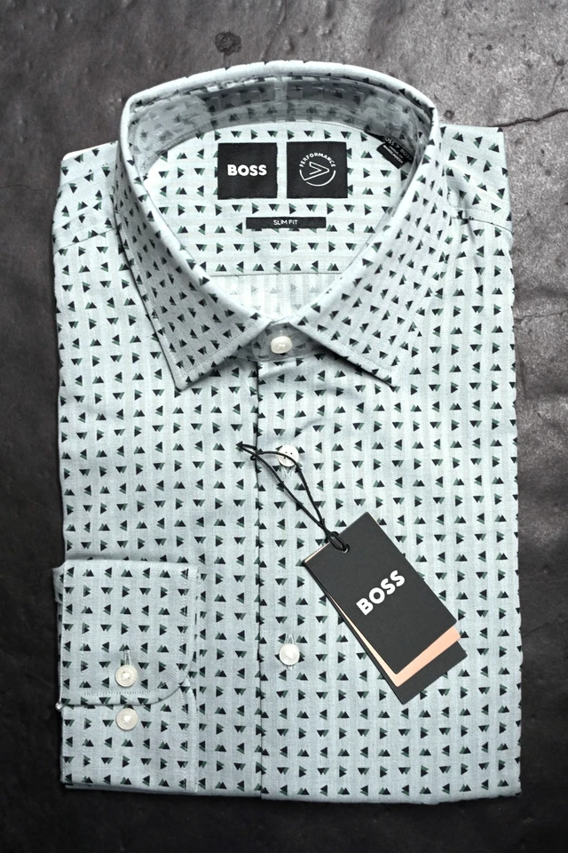 Hugo Boss Men's Hank Kent Slim Fit Open Green Spotted Cotton Dress Shirt 42 16.5 - Image 1 of 4