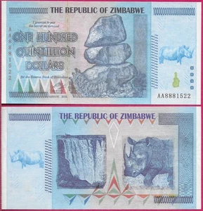 ZIMBABWE (100000000000000000000) 100 QUINTILLION DOLLARS 2008 AA BU FANTASY NOTE - Picture 1 of 1