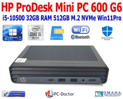 HP PRODESK 600 G6 MINI PC i5-10500 3.10GHz 32GB RAM 512B NVME WIN11 PRO WIFI/BT - Image 1 of 4