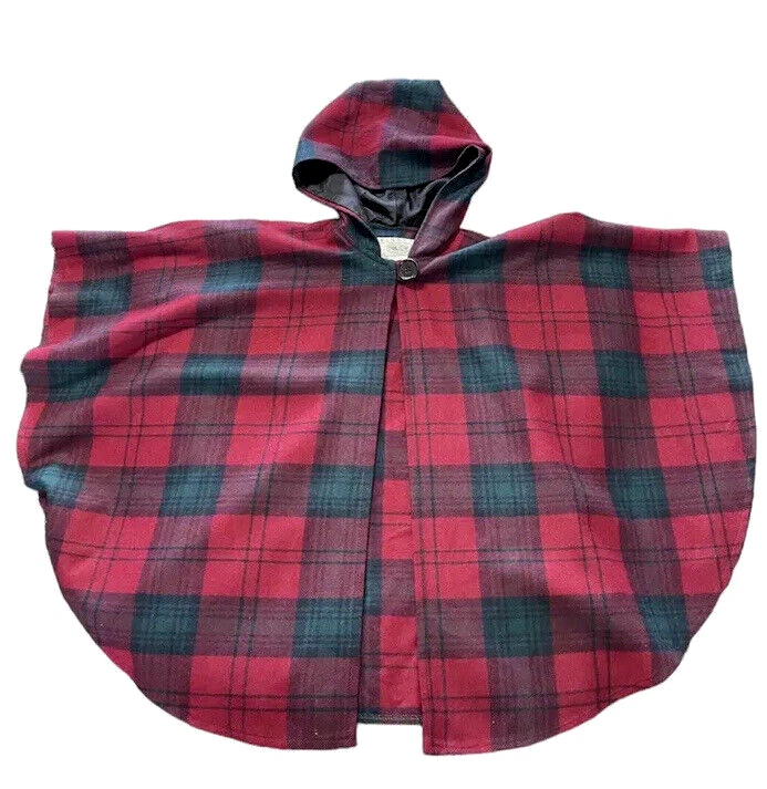 Blarney Woollen Mills Ireland Red Green Plaid Print Hooded Cape Size Large - Image 1 of 4