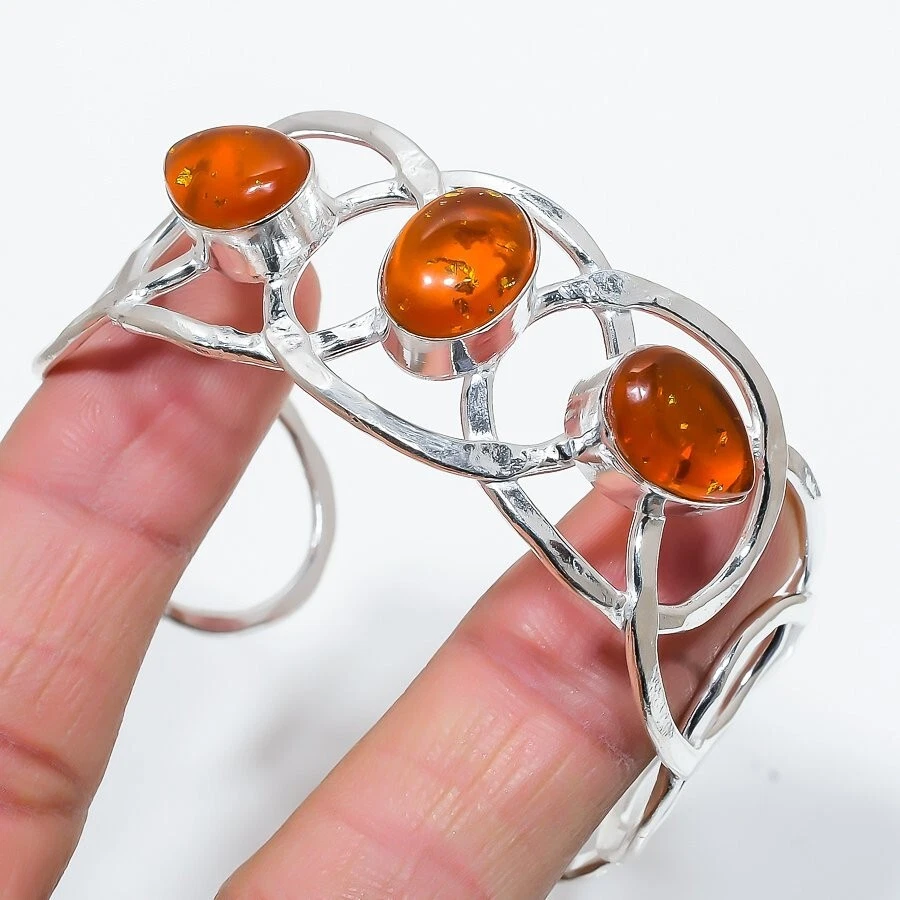 Baltic Amber Gemstone 925 Sterling Silver Jewelry Adjustable Cuff Bracelet - Image 1 of 1