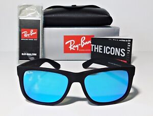 Ray Ban Justin Blue Flash Mirror Matte Rubber Black Sunglasses RB4165 622/55