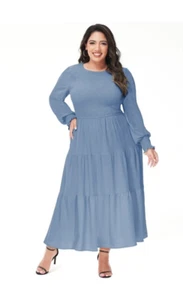 Plus Size Casual Long Sleeve Smocked Dress Women Crewneck Flowy Midi Dress Blue - Picture 1 of 3
