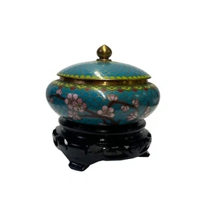 Chinese Teal Turquoise Metal Cloisonné Blossom Flower Theme Round Box ws3679 - Picture 1 of 6