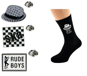 3 Lapel Pin Badges + BLACK & WHITE CHECK MENS SOCKS Specials Madness 2 tone Ska  - Picture 1 of 17