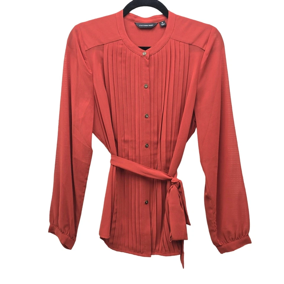 Cynthia Vincent Top Blouse Womens Medium Sheer Pleated Long Sleeve Belted  - Image 1 of 4