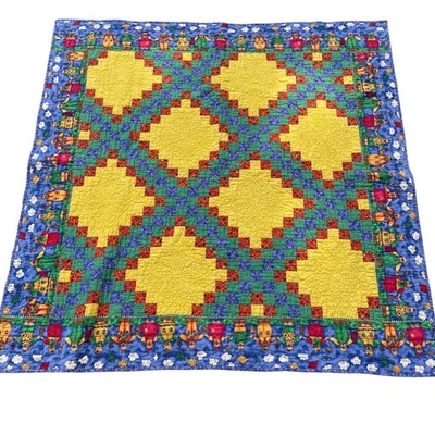 Quilt Irish Chain or Log Cabin Style Quilt Framed with Bears Holding Hands - Image 1 of 3