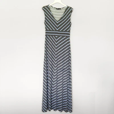 Blue Gray Maxi Dress Women M Casual Stretch Stripe Comfy High Waist V neck - Image 1 of 4