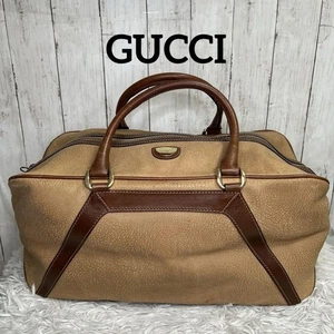 GUCCI Old Gucci Leather Boston Bag Brown Logo Large Capacity Travel - Picture 1 of 12