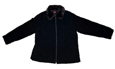 Abrigo de invierno de terciopelo acolchado negro Gallery para mujer cuello de piel sintética talla grande Foto 1 de 4