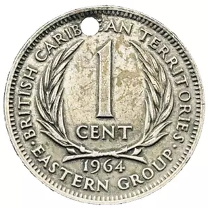 1964 British Caribbean Coin 1 One Cent Eastern Group Territories Holed KM# 2 - Picture 1 of 5