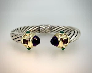 David Yurman Two Tone Silver and 18K Renaissance Bangle w/ Emerald and Amethyst - Picture 1 of 10