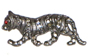 Tiger Brooch Pin Silver Tone Plated Rhinestones Faux Ruby Eye Womens Men Cat - Picture 1 of 24