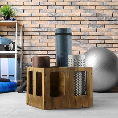 4-Slot Brown Wood Standing Storage Holder Rack for Yoga Mats and Gym Accessories - Image 1 of 4