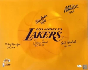 Signed 16X20 Lakers Logo Photo Jabbar, Magic, Goodrich, West, Baylor JSA Holo - Picture 1 of 1