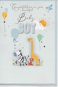 Birth Baby Boy Card Congratulations On Your Animals & Balloons