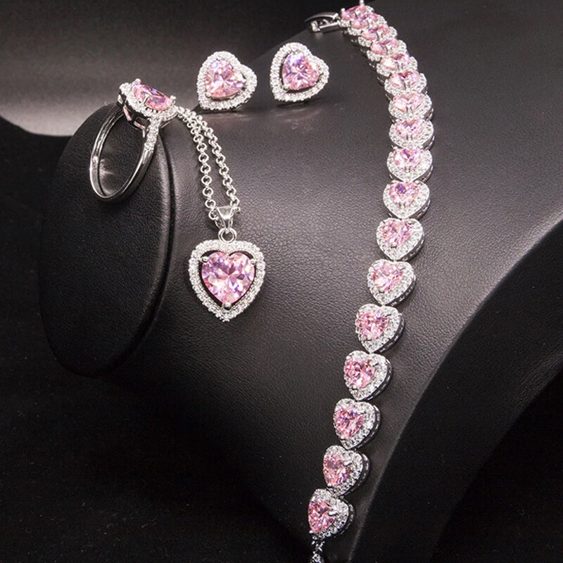 4pc set Wedding Heart Pink Topaz Gemstone Women Bracelet Necklace Earring Ring - Image 1 of 4