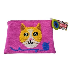 Jenny Krauss gatto ricamato ~ palla di filato - borsa/borsa trucco - 100% lana nuovo con etichette - Foto 1 di 6