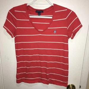 Ralph Lauren T-Shirt Women S Petite Orange White Striped V-Neck Short Sleeve - Picture 1 of 4
