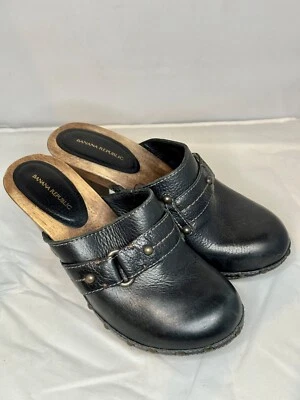 复古 Banana Republic 黑色皮革一脚蹬穆勒鞋高跟鞋 7 码 (E2317) — 第 1/4 张图片