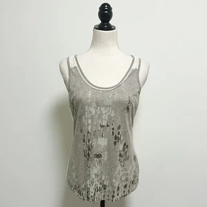 Miss Me Ivory Heather Brown Sheer Chiffon Cowl Back Lace Rhinestone Tank Small - Picture 1 of 10