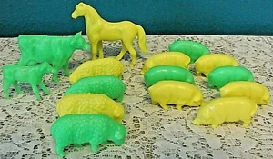 Lot of 15 Used Yellow and Green Plastic Farm Animal Figures Pre Owned  - Picture 1 of 11