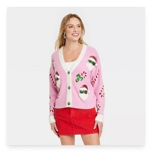 NEW 33 Degrees Pink Santa Christmas Cardigan "Ugly" Sweater Women's Sz Med SOFT! - Picture 1 of 12