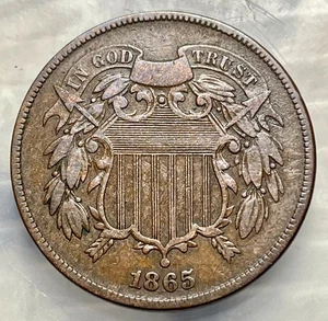 1865 2 Cents - Two Cent Piece XF+ - Picture 1 of 4